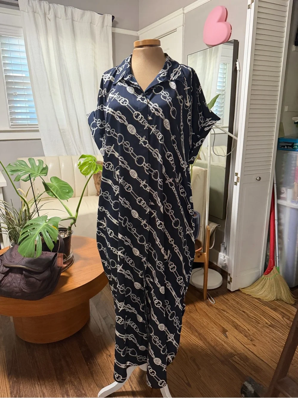 Ralph Lauren Navy Chain-Print Midi Shirt Dress with Brown Belt - Picture 8 of 13